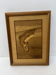Handcrafted Wood Inlay Marquetry Fish Jumping Wall Art Decor Framed Fishing