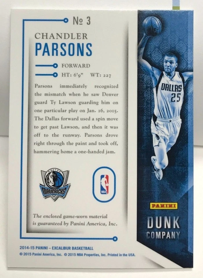 Chandler Parsons 2014-15 Panini Excalibur Dunk Company Co. GU Jersey - MAVERICKS - Image 2 of 2