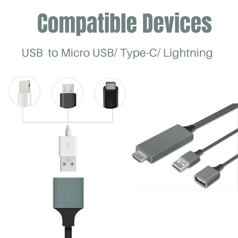 1080P HDMI Mirroring Cable Phone to TV HDTV Adapter Cord for iPhone iPad Android - Image 4 of 4