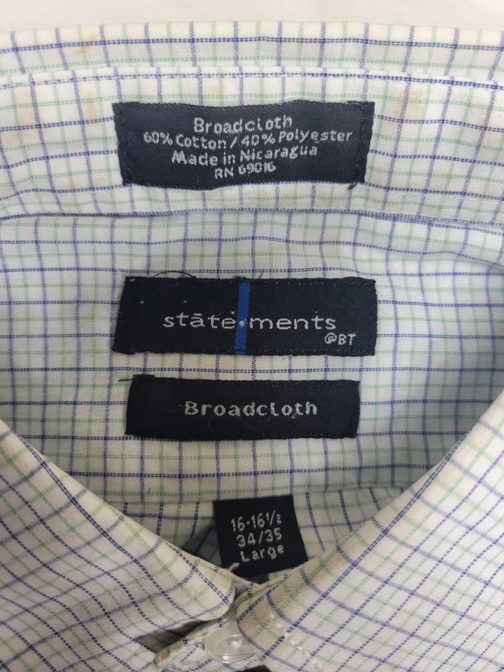 Statements Shirt Men's Size 16 16.5 34/35 Large Plaid Button Down Broadcloth - Image 2 of 4
