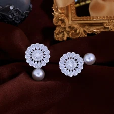 Silver Plated Flower Cubic Zirconia Pearl Stud Drop Earrings Women Party Jewelry