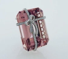 Gorgeous Large Soft Pink Silk Rectangular-Cut Lab Created Ruby Ribbon Broochs