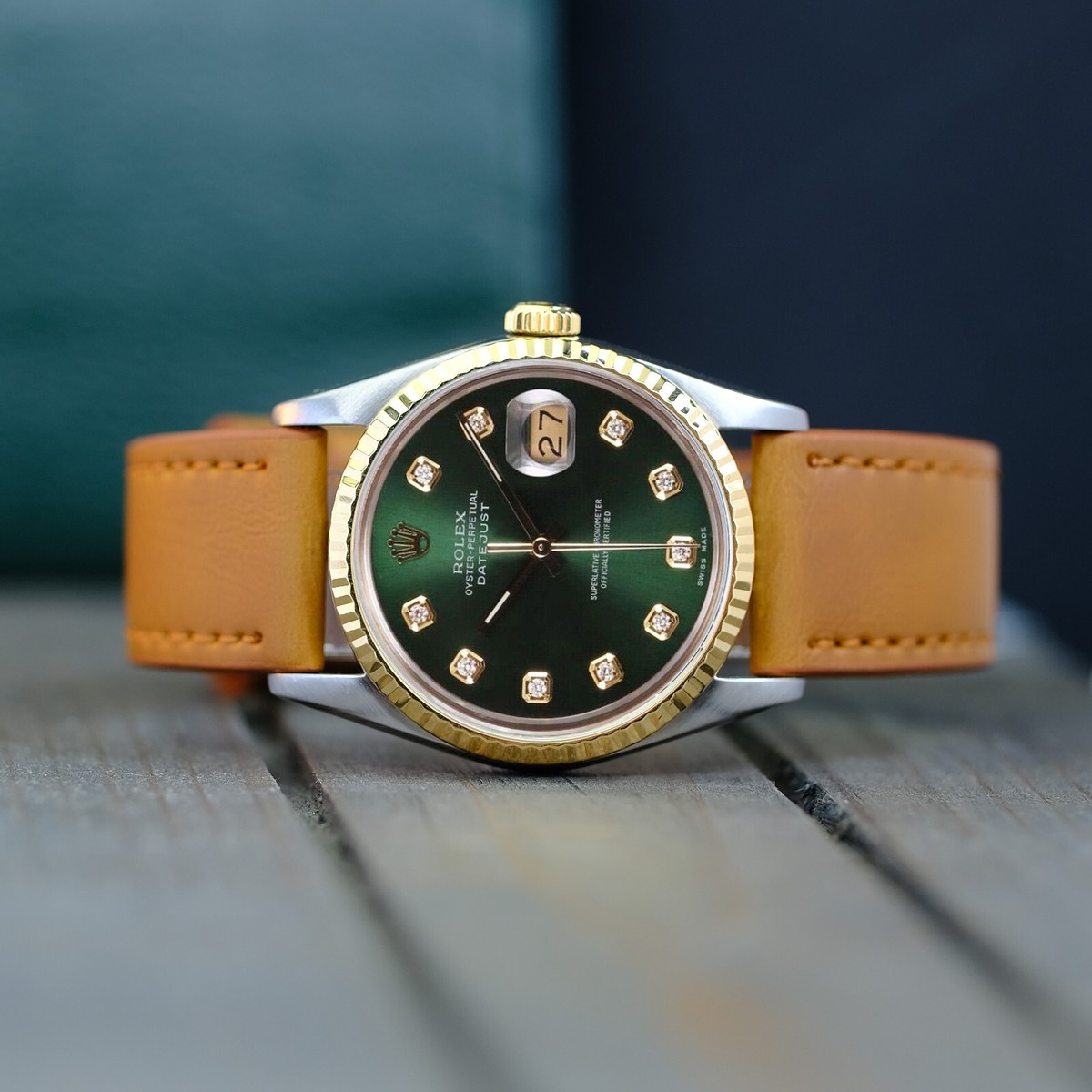 Rolex Datejust TwoTone Watch Green Diamond Dial Fluted Leather