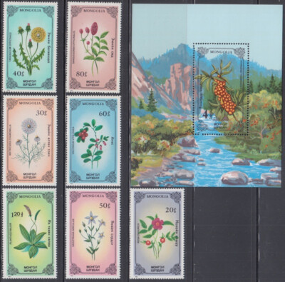 MONGOLIA Sc #1456-63 CPL MNH SET of 7 + S/S - INDIGENOUS FLOWERING ...