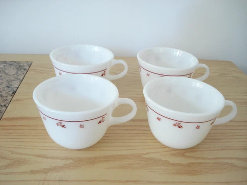 Four Vintage Corning Ware BURGUNDY Rose Flowers Coffee Tea Cups Pristine