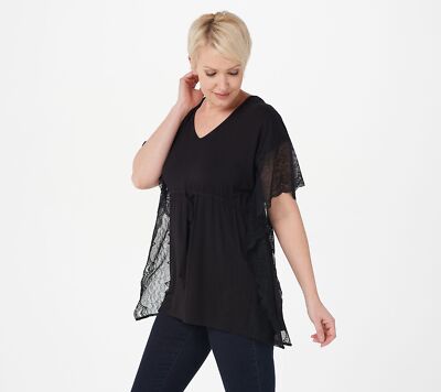 The Muses Closet Solid Printed Kaftan Lace Shirt Solid Black XS New