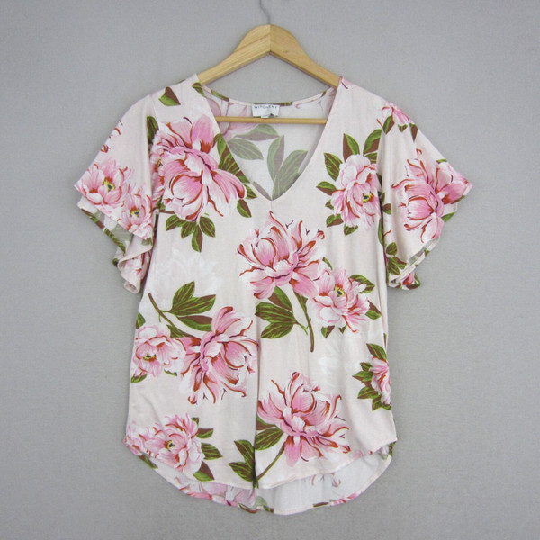 Witchery Top Womens Extra Small 8 Pink Green Floral Tee Shirt Stretch Casual