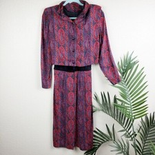 Vintage 80s Annie Quince Midi Dress Shoulder Pads Leather Waist Rayon S/M