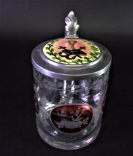 antiker PRIESTERKRUG 19. Jhd.  Schliffglas - Zinndeckel mit Porzellan Deckelbild