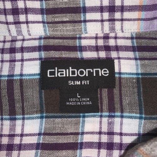 Claiborne Mens Large Button Up Shirt Slim Fit Short Sleeve 100% Linen Plaid L - Picture 4 of 9