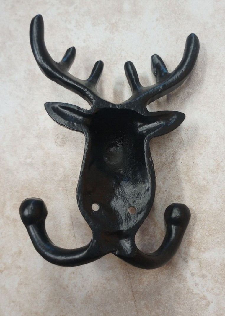 Country Farmhouse Outdoor Towel Hat Bath Robe Cast Iron Deer Wall Hook Black