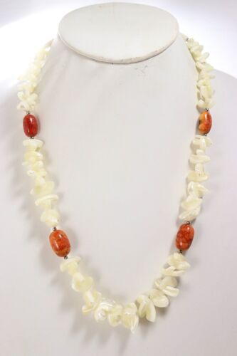 Vintage Mother Of Pearl And Apple Coral Beaded Nec