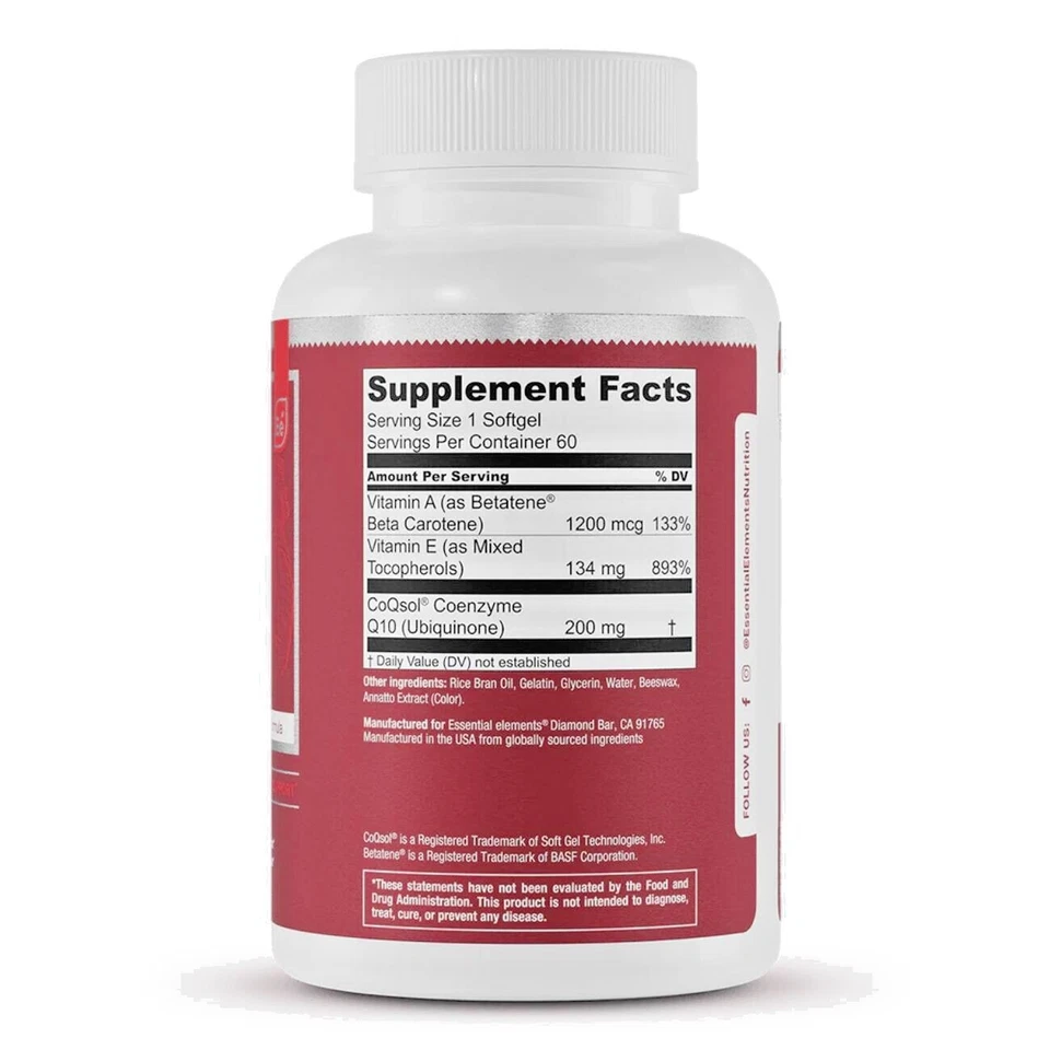 Essential Elements CoQ10 100mg Cápsulas Blandas Corazón Cerebro Soporte Vascular 60 Ct Foto 3 de 4