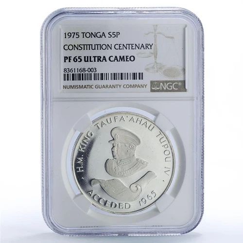 Tonga 5 paanga Constitution Tupou IV History Politics PF65 NGC silver coin 1975