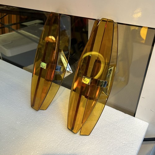 COPPIA APLIQUES 70s VETRO SPESSO COLOR AMBRA ITALIAN DESIGN SCONCES - Imagen 14 de 15