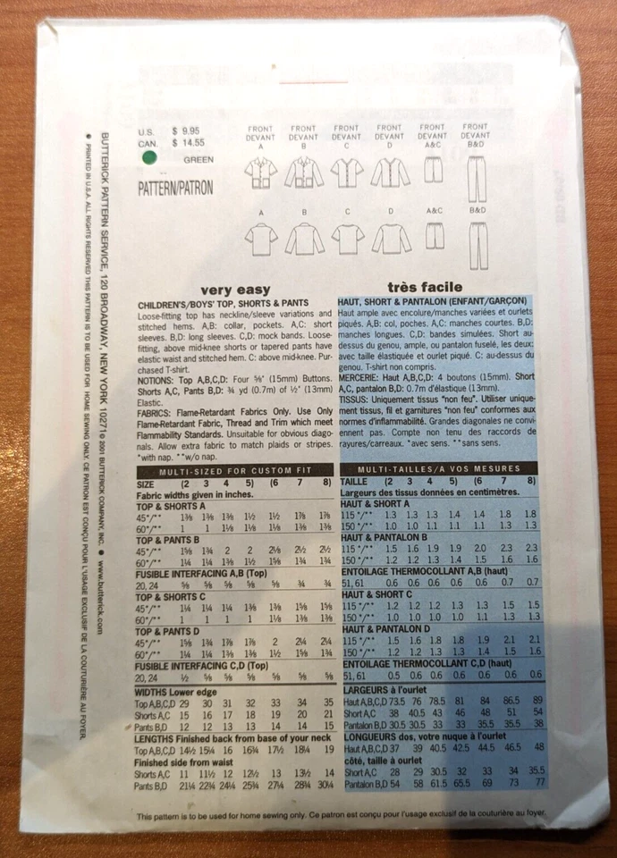 Butterick 3109 Size 2-5 Boys Sleepwear Top Shorts Pants Pajamas Nightwear Uncut - Image 2 of 3