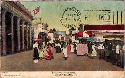 1906 Coney Island Bowery and Steeple Chase N.Y. VTG Postcard Women Parasols