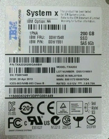IBM System X 200GB SAS 6Gb 2.5" Solid State Drive SSD 00W1548 00W1551 TXA2D2 - Image 2 of 3