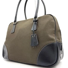 Excellent Condition PRADA Boston Bag Handbag Canvas Leather Padlock Triangle Log