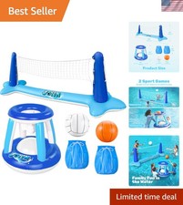 Inflatable Summer Volleyball Court Basketball Hoops Set with Balls - Dark Blue