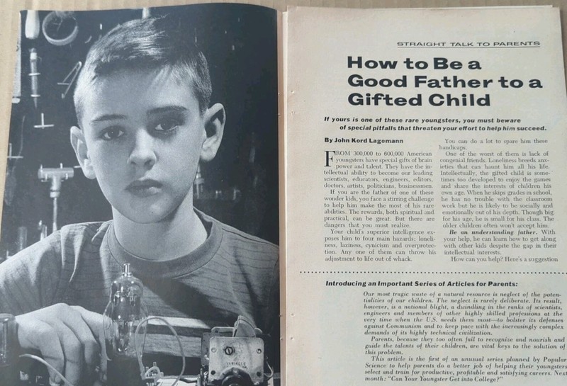 1957 MAGAZINE PAGE #028- HOW TO BE A GOOD FATHER TO A GIFTED CHILD- 6 PAGES