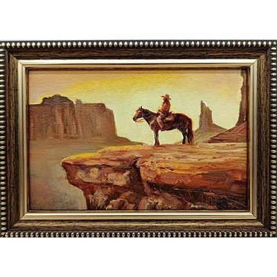 #ad Rural landscape Desert cowboy Original oil painting 6x4 with signature in frame $40.00