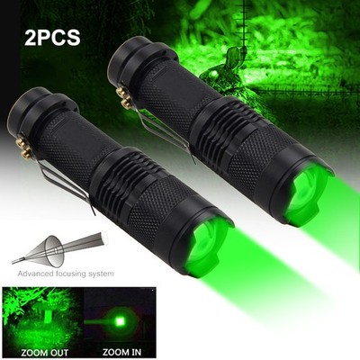 2-Pack Green Light Flashlight LED Hunting Camping 3 Modes Lamp Torch