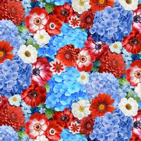 Stars & Stripes by TT Fabrics Collection. Multi Packed Red White Blue Floral - Picture 1 of 1