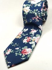 UNBRANDED 100 Cotton Skinny Tie Men's Navy Blue Pink White Green Floral NEW