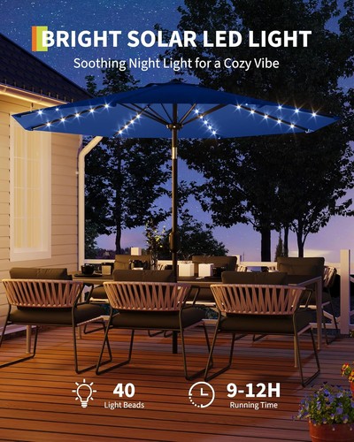 10ft Patio Umbrella Solar 40 LED Lights 8 Rib Tilt Crank Outdoor - Picture 2 of 17