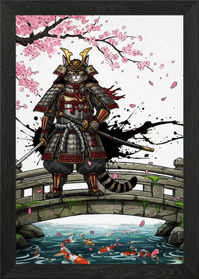 Samurai Katze auf Brücke mit Koi gerahmtes Wandbild Poster Leinwanddruck Bild