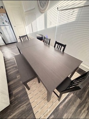 IKEA EKEDALEN Extendable Dark Brown Dining Table Set with 6 Chairs, Bench + Rug
