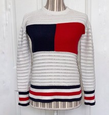 Tommy Hilfiger Sweater Womens XS Red White Blue Logo Fisherman Knit Colorblock
