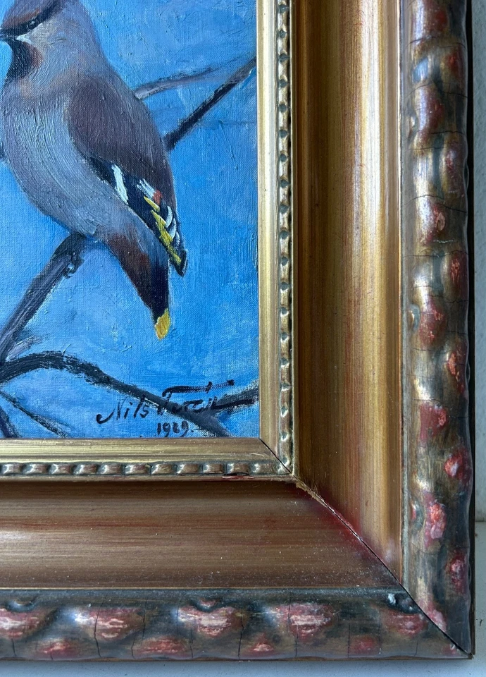 Ölbild 1929 Impressionist Ast mit Vögeln Bohemian Waxwing Seidenschwanz - Bild 4 von 4