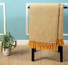 Diamond Pattern Fringed Throw Geometric 100% Cotton Settee Sofa Yellow 220x250cm