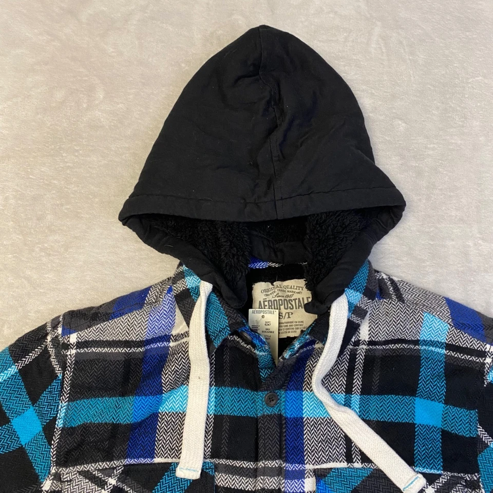 AEROPOSTALE Plaid Flannel Hoodie Shirt Jacket Blue Black S/P Sherpa Lined - Image 2 of 4