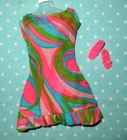 Vintage Barbie TNT MOD 1968 Swirly Cue 1822 Hot Pink Green Teal Dress