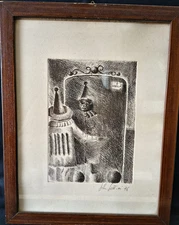 Vintage John Letti Etching - Signed '76 - Surrealist Clown, Mime, Jester - Frame