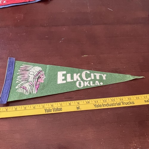 Vintage Elk City Okla. Felt Pennant Green Souvenir Native Chief Graphic Art