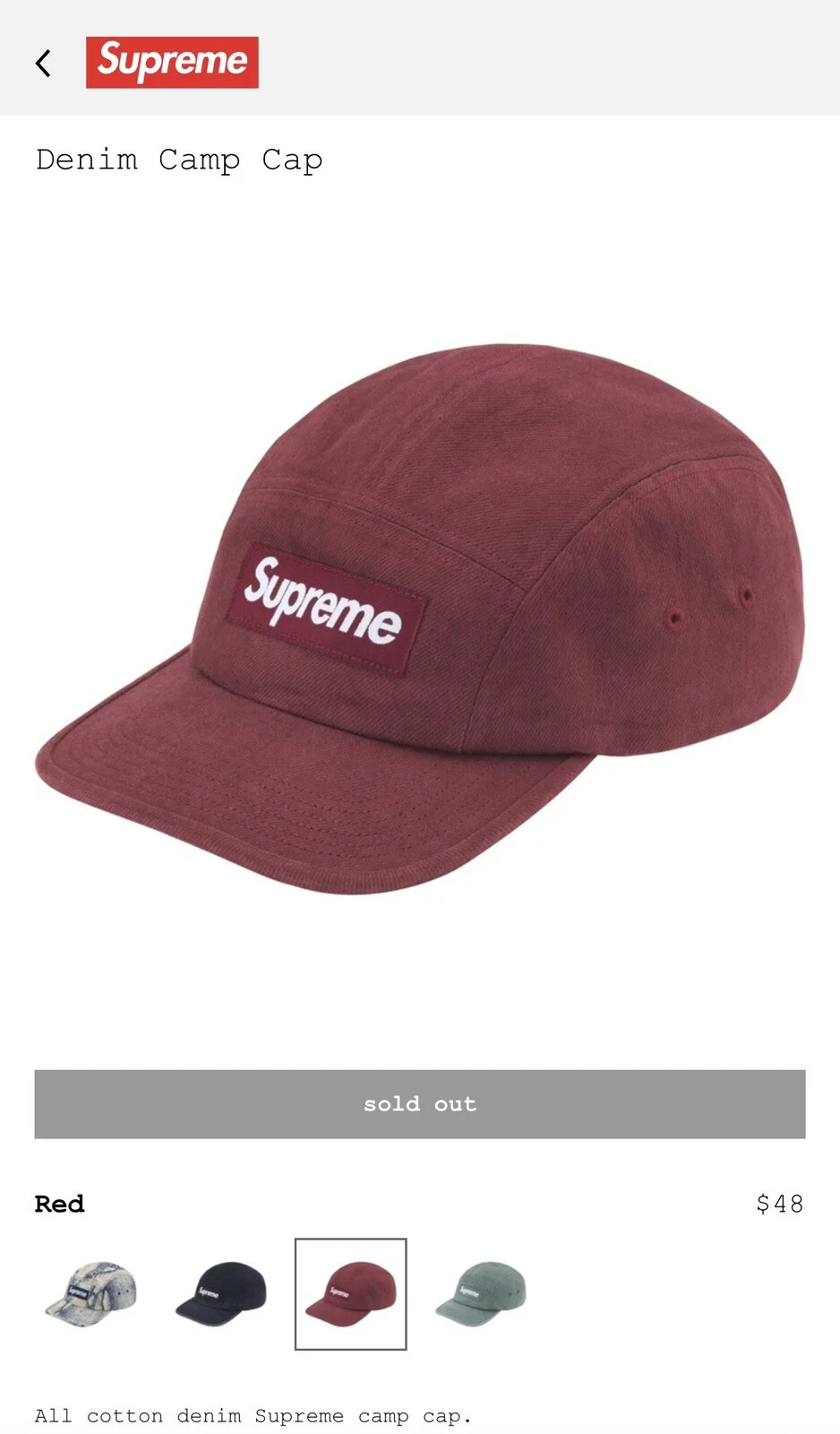CASQUETTE DE CAMP EN DENIM SUPRÊME ROUGE FW24 *ÉPUISÉE*