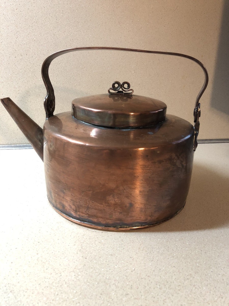 Antique Swedish Style Copper Tea Kettle Straight Spout Riveted Handle Lid