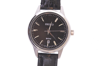 Ladies Seiko SUR881 Black Leather Strap Black 50M Dial Quartz Watch