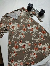 Emerald floral gray color V-neck dress with knee length Size S #B-370