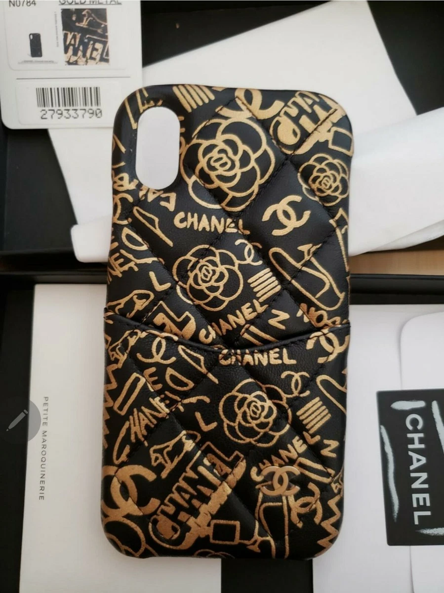 Authentic Chanel CC LOGO Cell phone Case iPhone X XS Lambskin Black Gold Grafiti