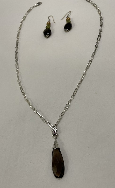 ANNE KLEIN 18" Silver Necklace & Matching Earrings in Faux Smokey Quartz