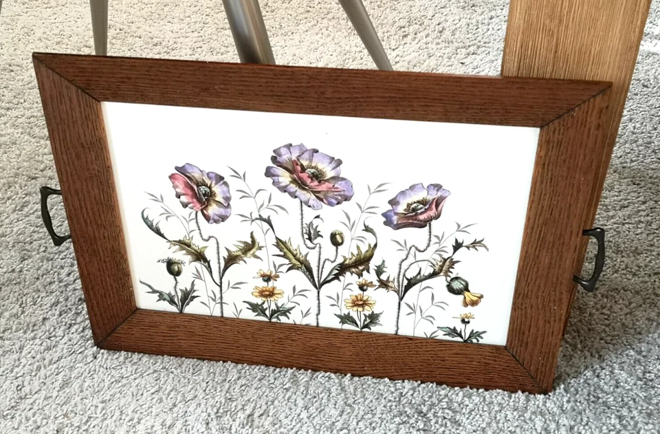 Original Jugendstil Tablett / Keramikplatte mit wunderschönen Mohnblumen Motiv - Bild 2 von 4