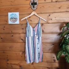 J Is For Justify Linen Blend Striped Sun Dress Shirred Multi Buttons Size Small