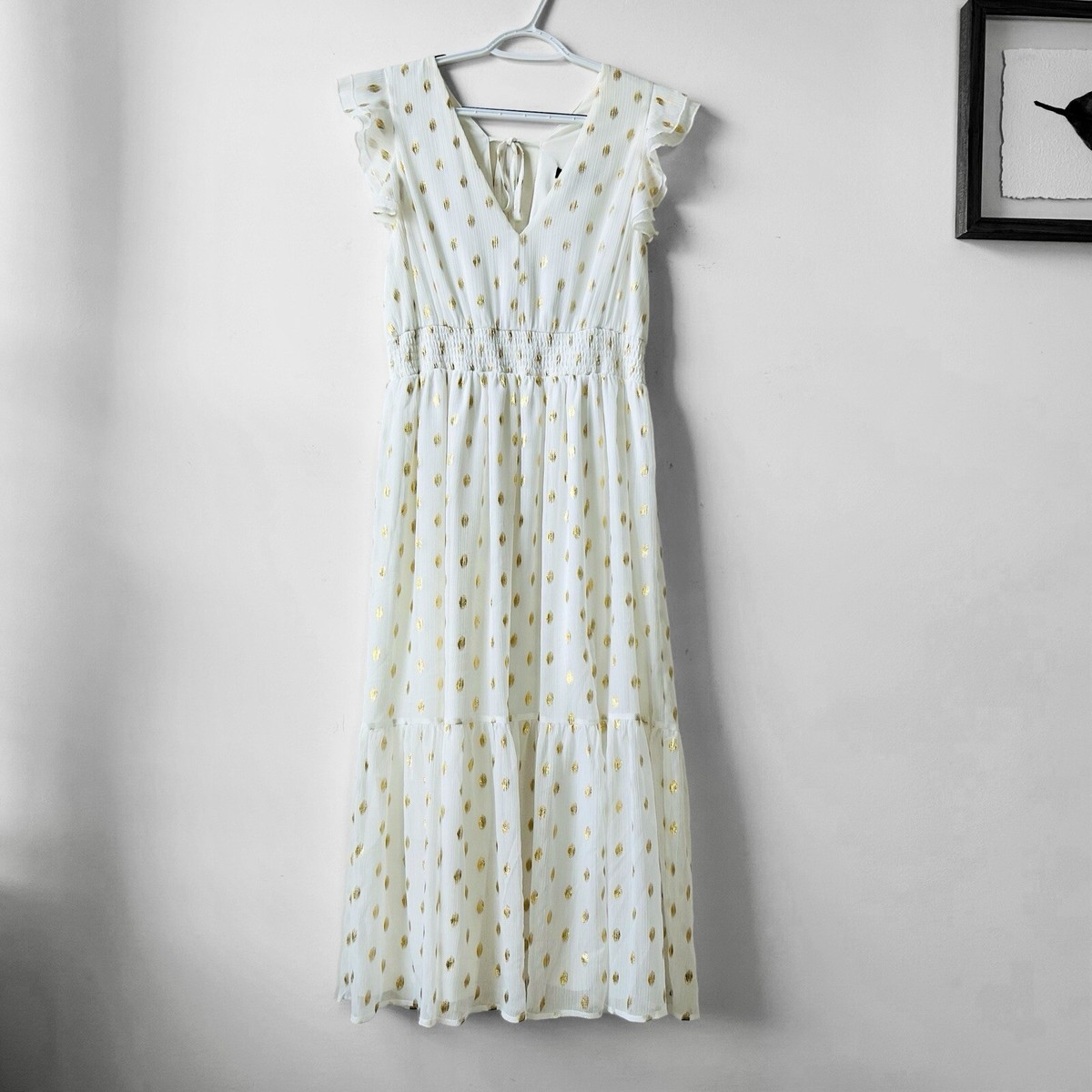 Lulus Cause to Celebrate White and Gold Dot Ruffled Tiered Midi Dress Sz M  Chic | eBay