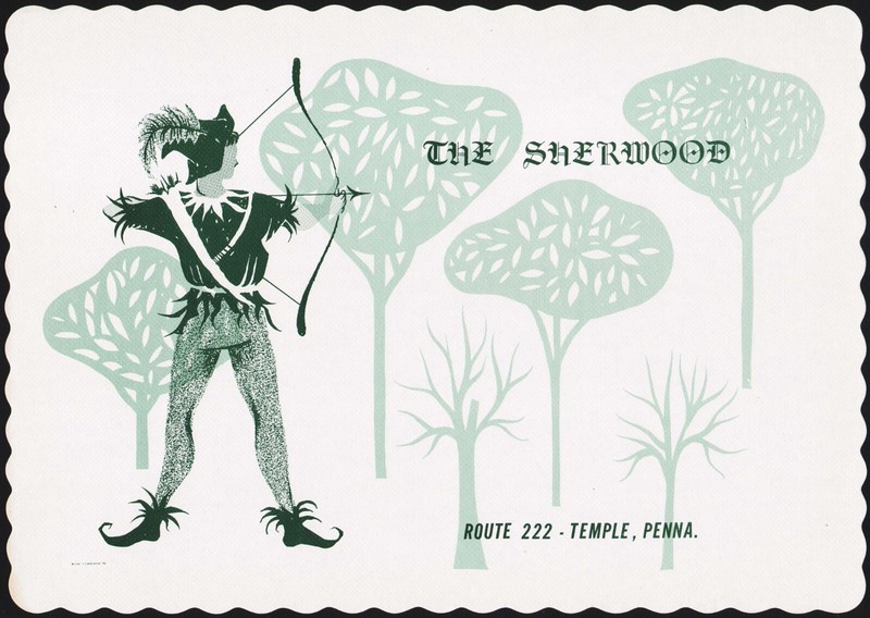 Vintage placemat THE SHERWOOD cartoon Robin Hood Route 222 Temple Pennsylvania