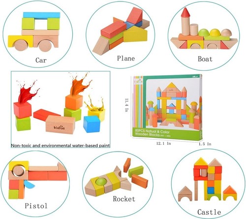 Classic 80-Piece Wooden Building Blocks Set for Toddlers - Educational Fun - Picture 4 of 9
